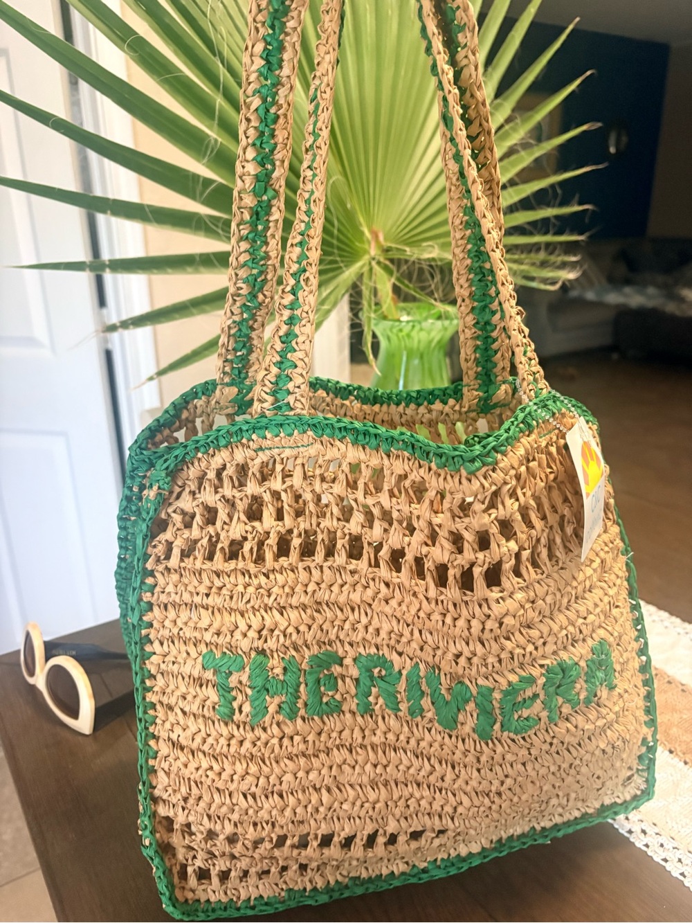 C&C California Riviera Natural Crochet Tote with Green Trim NWT